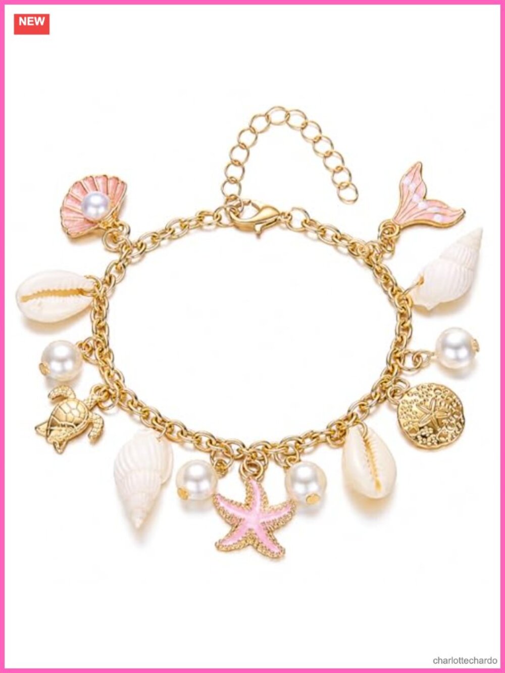 Gold Alloy Seashell Starfish Charm Bracelet Adjustable Beach Boho